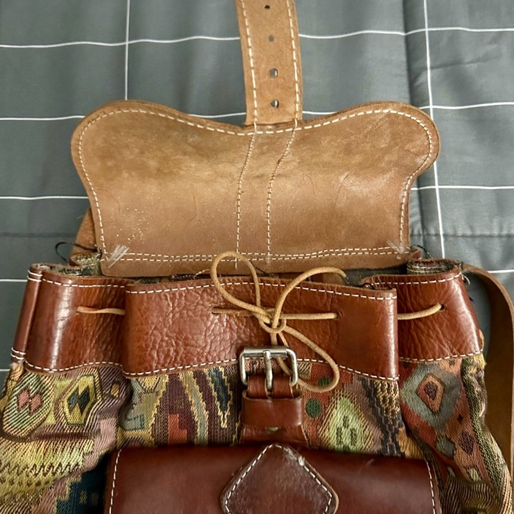Vintage Leather and Patterned Fabric Backpack - Picture 6 of 8